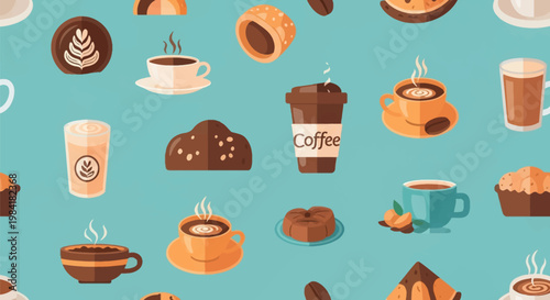 Seamless pattern featuring various coffee icons, steaming espresso cups, latte mugs with foam art, takeaway containers, coffee beans, muffins, and pastries on a teal blue background.