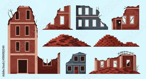 Cartoon vector illustration set of ruined urban buildings and brick debris featuring crumbling facades, broken windows, demolished apartment walls, and piles of red rubble.