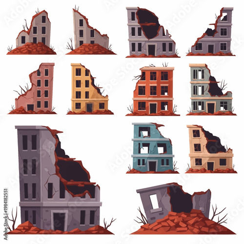 Set of vector illustrations featuring destroyed urban buildings and ruined apartment blocks in a cartoon style, isolated on a white background with rubble and debris at the base.