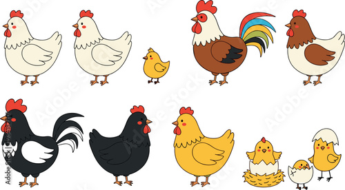 Cartoon Roosters, Hens, and Chicks in Various Poses for Farm Animal and Easter Illustrations