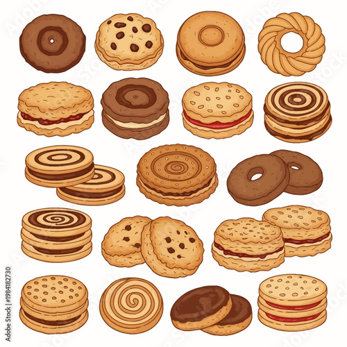 Large collection of various sweet biscuits and cookies featuring chocolate chip, jam-filled sandwich rounds, cocoa swirls, glazed rings, and cream-filled treats on a plain white background.