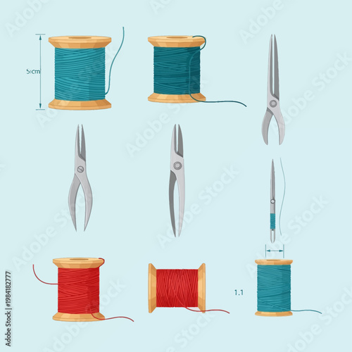 Detailed vector illustration of teal and red wooden sewing thread spools with silver embroidery snips, thread nippers, and technical measurement annotations on a light blue background.