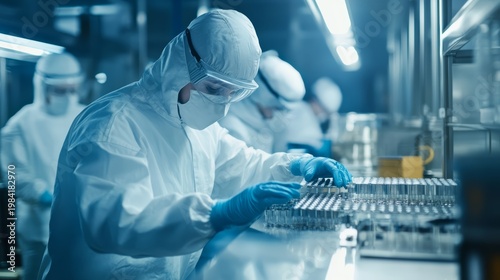 Laboratory personnel handling biopharmaceutical samples research facility scientific activity controlled environment close-up view safety protocols