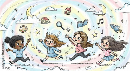 Joyful children running towards a magical dreamscape with celestial elements.