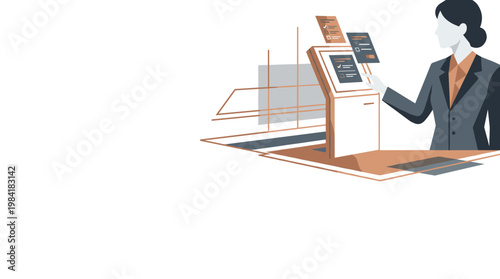 A professional businesswoman in a charcoal suit operates a sleek interactive digital kiosk terminal featuring floating icons in a minimalist environment.