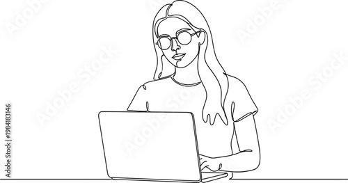 Minimalist continuous one line drawing of a young woman wearing glasses working on a laptop for online education freelance work and creative digital lifestyle concepts isolated on white background.