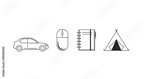 Collection of minimalist line art icons representing travel, work, and camping adventure.