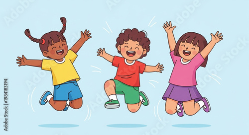 Joyful diverse children jumping and laughing together in a vibrant illustration.