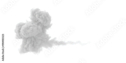 A dense cloud of white smoke billows and trails to the right against a stark white background.