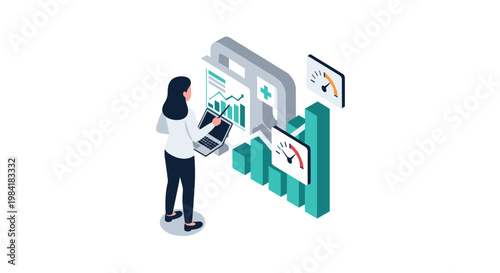 A dedicated medical researcher uses a laptop and pointer to explain complex healthcare trends on a large digital dashboard featuring vibrant teal bar charts.