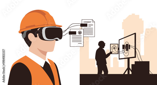 A professional construction worker wearing an orange safety vest and virtual reality headset reviews digital legal consent documents in a modern urban setting.