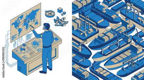 A professional maritime operator meticulously tracks global shipping routes on a large digital world map display within a high-tech nautical control center.