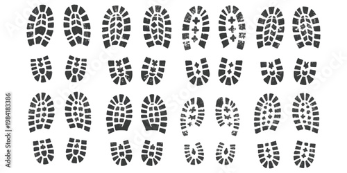 A collection of boot print outlines showing the distinct tread patterns of various footwear on a white background.