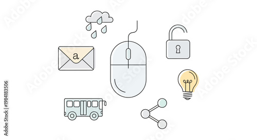 Minimalist computer mouse with diverse digital technology and connectivity icons