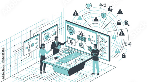 A collaborative team of cybersecurity experts gathers around a large glowing interactive table to monitor network security threats and digital protection protocols.