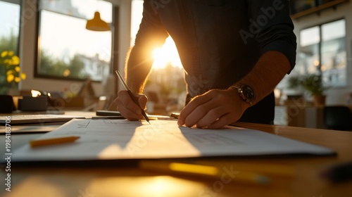 Creative professional working on project plans at sunset modern office lifestyle content warm environment close-up viewpoint