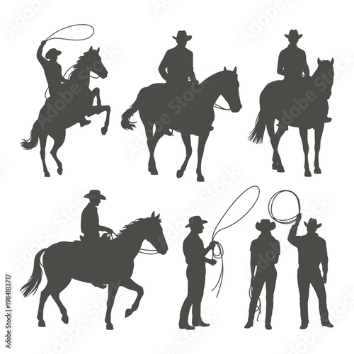 Silhouettes of cowboys and horses in traditional western activities