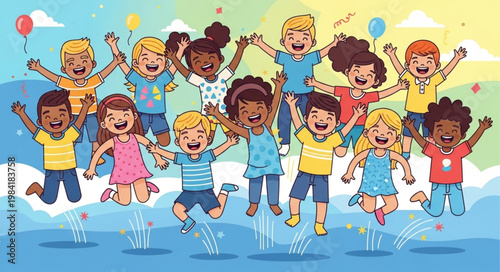 Joyful children jumping in the air with excitement and happiness.