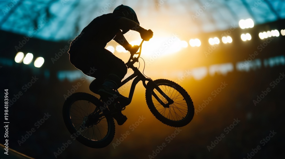 Fototapeta premium Bmx rider performing stunt urban arena action photography evening glow dynamic perspective adventure and thrill