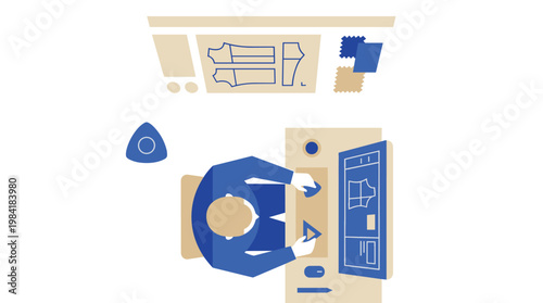 A skilled tailor wearing a bright blue shirt works at a clean desk featuring digital garment patterns on a monitor and various physical fabric swatches.