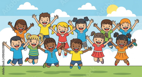 Joyful children jumping in the air with happy smiles and raised arms.