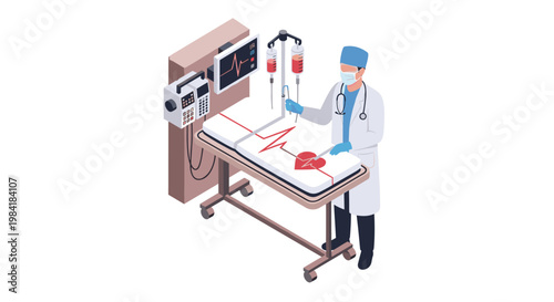 A focused medical doctor wearing a blue surgical mask and gloves monitors a patient bed equipped with intravenous bags and electronic heart sensors.