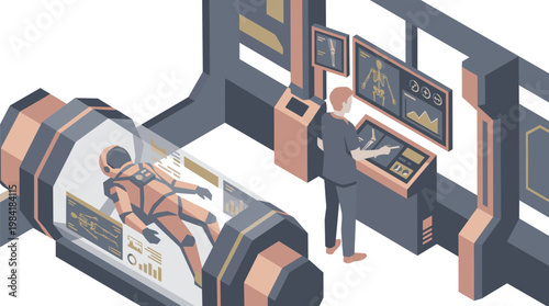 A skilled technician meticulously operates a futuristic medical scanning pod while detailed skeletal data visualizations appear on multiple sleek grey digital monitors.
