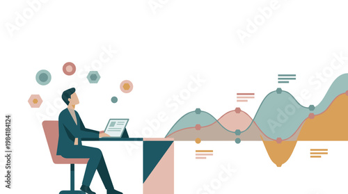 A professional business analyst sits at a minimalist desk while large teal and orange data waves and hexagonal icons float across the white background.