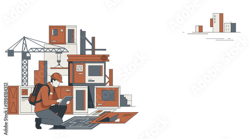 A meticulous construction engineer in a bright orange safety jacket operates a handheld digital tablet near stacked industrial containers under a clear white sky.