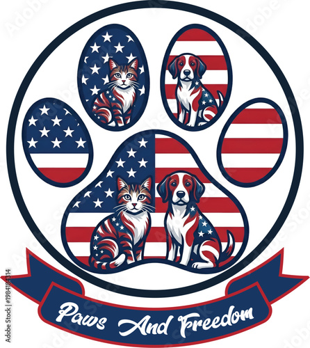 Patriotic Golden Retriever and Ginger Cat in American Flag Capes with Sunglasses for Independence Day with editable file
