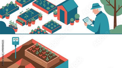 A dedicated gardener utilizes a digital tablet to monitor the health of various raised garden beds and a specialized soil moisture sensor probe outdoors.