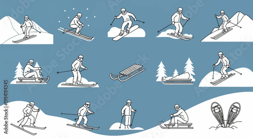 White line icon set for winter sports featuring downhill skiing, cross-country skiing, sledding, and snowshoeing with mountain scenery and pine trees on a blue background.