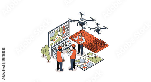 Three dedicated logistics coordinators in orange vests manage complex supply chain operations using a large digital monitor and two hovering surveillance drones.