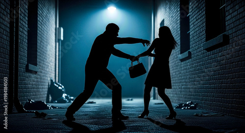 silhouette male robber stealing bag from scared woman dark alley night city street mugging crime concept purse theft danger fear criminal action victim attack