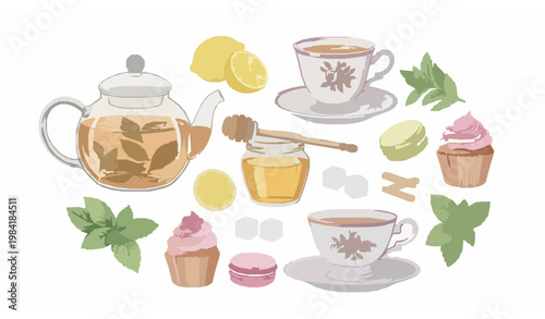 Vibrant Breakfast Tea Set with Pastries and Herbs Infographic Vector Illustration