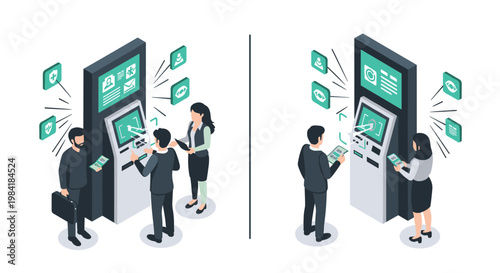 Diverse individuals utilize automated kiosks for secure identity verification and document processing within a clean environment featuring advanced facial and ocular scanning.
