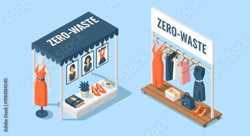 Isometric vector illustration of a zero-waste fashion display featuring a market stall with a mannequin, clothing rack with various dresses, and sustainable accessories on shelves.