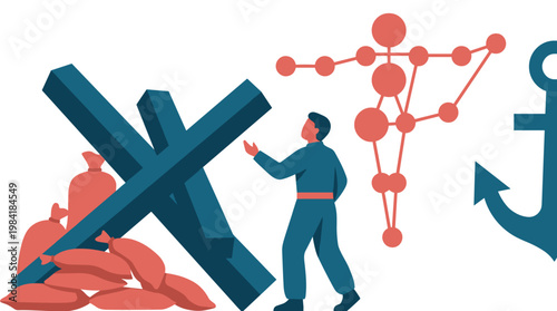 A solitary worker in blue attire navigates a conceptual landscape filled with heavy X-shaped barriers, red sandbags, and intricate skeletal anatomical diagrams.