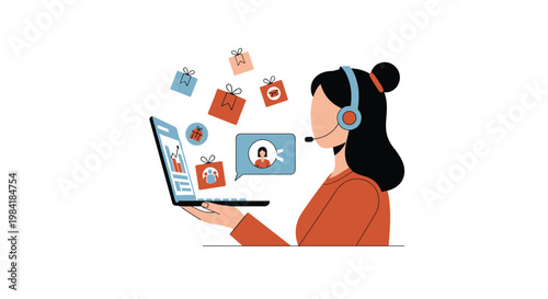 A dedicated customer service representative wearing a sleek headset holds a laptop while vibrant gift boxes float upward from the glowing digital display.