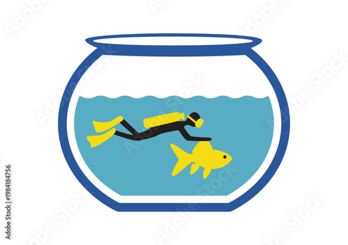 scuba diver swimming with a goldfish inside a glass fishbowl