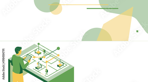 A focused professional stands before a large table viewing a meticulous green and yellow architectural floor plan featuring hospital beds and equipment.