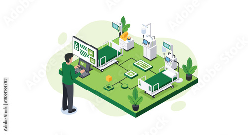 A medical professional operates a computer terminal within a pristine isometric hospital room featuring two green patient beds and advanced life equipment.