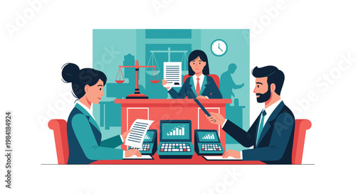 A professional courtroom scene features a judge presiding behind a red bench while two legal experts review digital documents on tablets in a room.