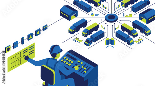 A professional logistics manager monitors a vibrant fleet of delivery trucks at a central circular transportation hub in a clean blue and green palette.