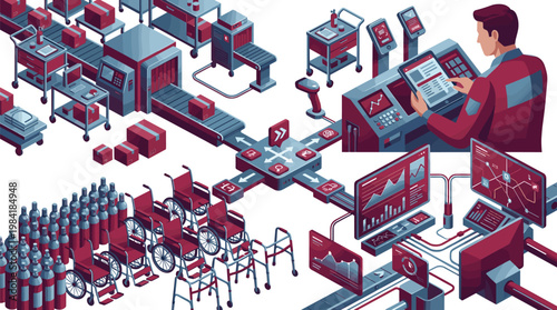 A meticulous isometric illustration depicts a sophisticated medical supply chain management system within a busy distribution facility featuring a bold red and blue color motif.