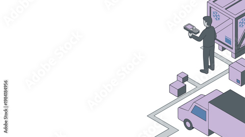 A focused warehouse employee utilizes a digital handheld scanner to inventory refrigerated shipping containers within a minimalist purple and grey industrial environment.