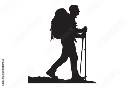 Silhouette of a hiker with a backpack and trekking poles walking on a mountain trail vector