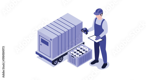 A diligent industrial worker uses a handheld scanner to verify a crate of white spherical products in a clean blue and purple isometric warehouse setting.