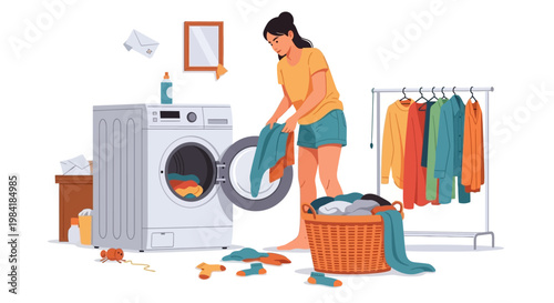 A woman is doing laundry in a well-lit room with a washing machine, clothes rack, and laundry basket