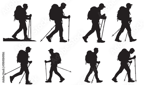 Set of black silhouettes of hikers with backpacks and trekking poles walking in various poses